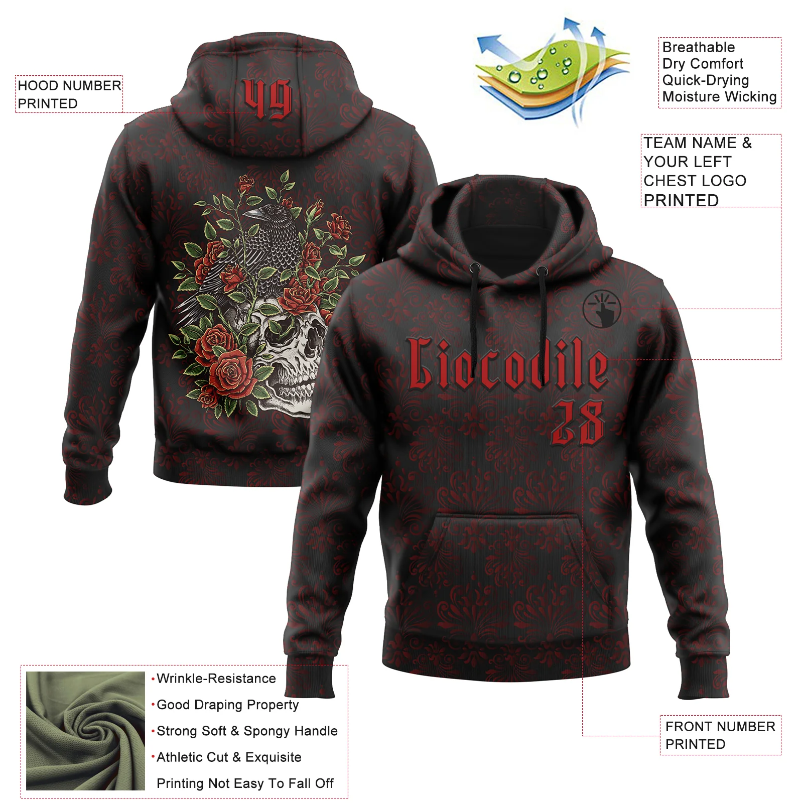 Custom Black Red 3D Skull Roses Gothic Royalty Crow Floral Sports Pullover Sweatshirt Hoodie - Image 2