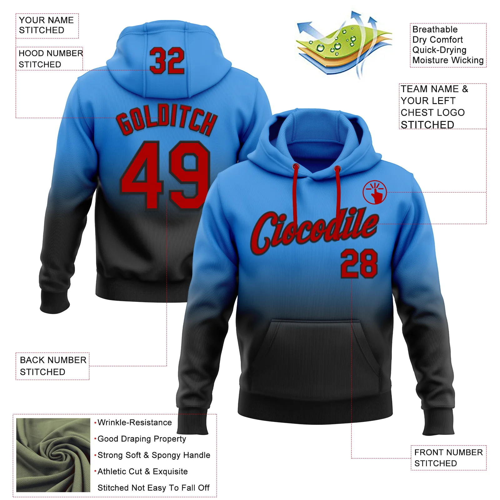 Custom Stitched Powder Blue Red-Black Fade Fashion Sports Pullover Sweatshirt Hoodie - Image 2