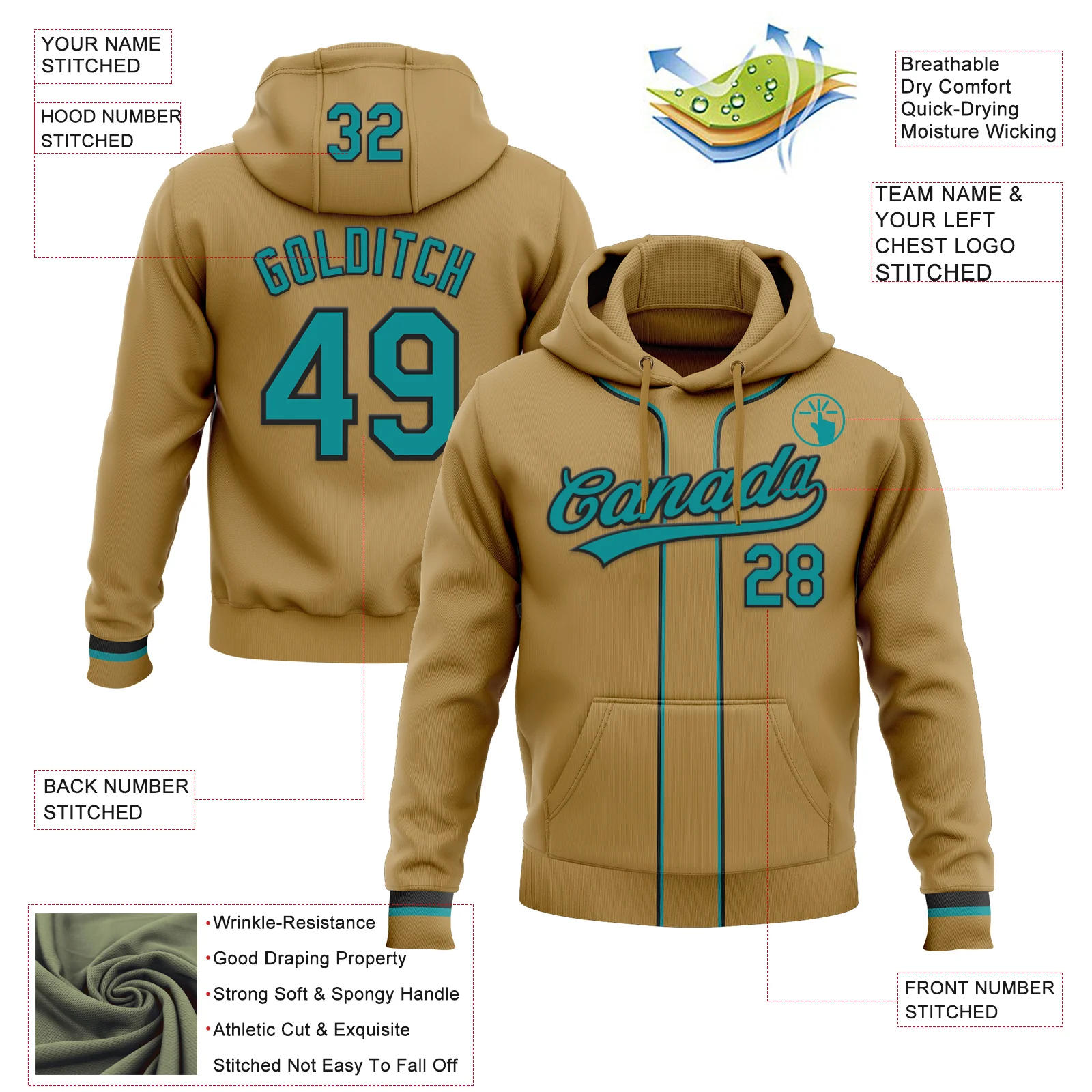 Custom Stitched Old Gold Teal-Black Baseball Pullover Sweatshirt Hoodie - Image 2