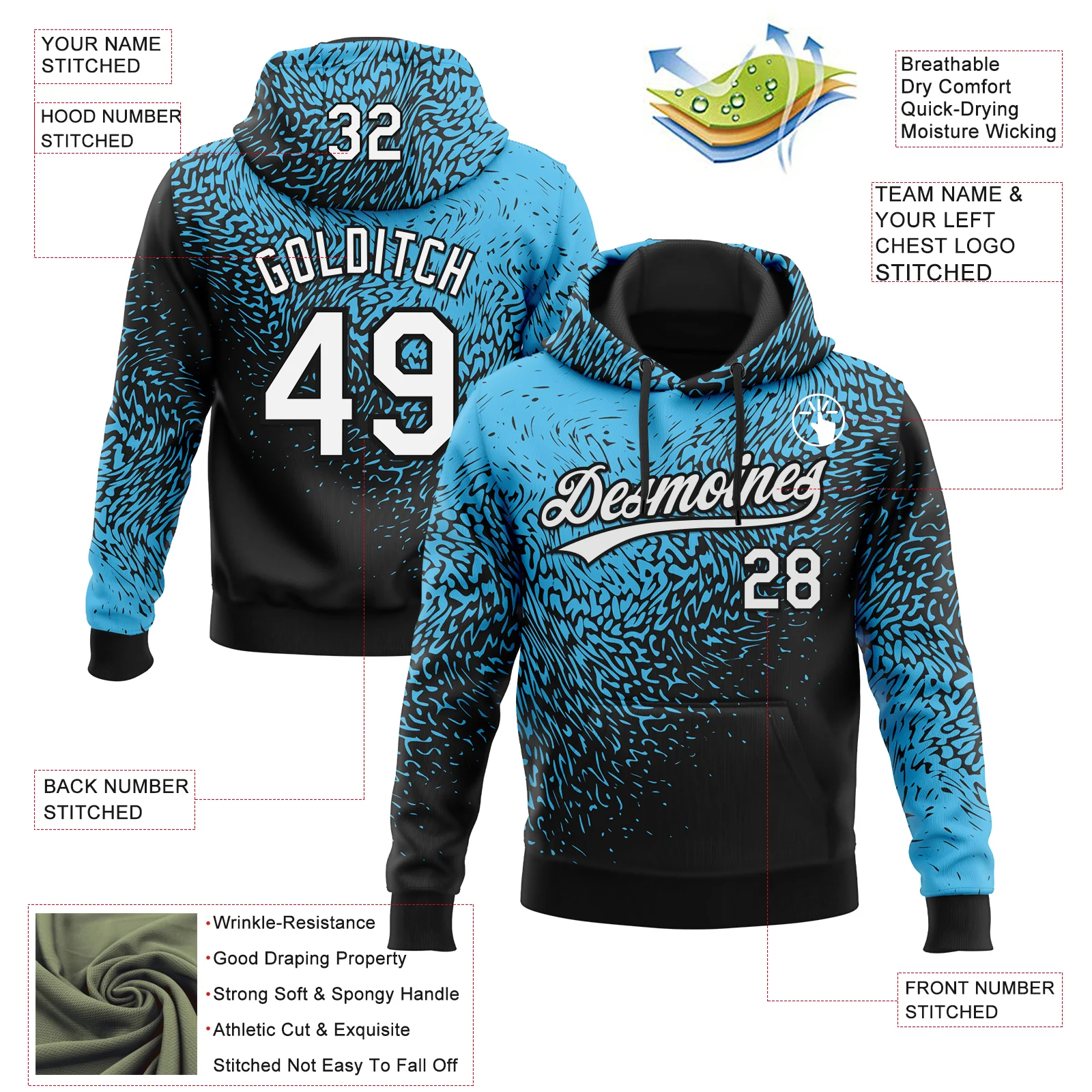 Custom Stitched Sky Blue White-Black 3D Pattern Design Abstract Shape Sports Pullover Sweatshirt Hoodie - Image 2