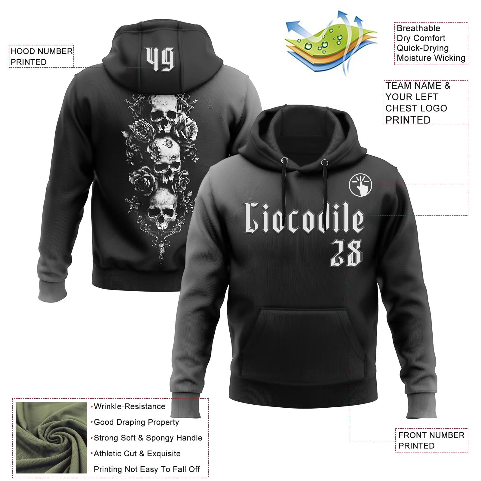 Custom Black White 3D Skull Roses Gothic Vintage Sports Pullover Sweatshirt Hoodie - Image 2
