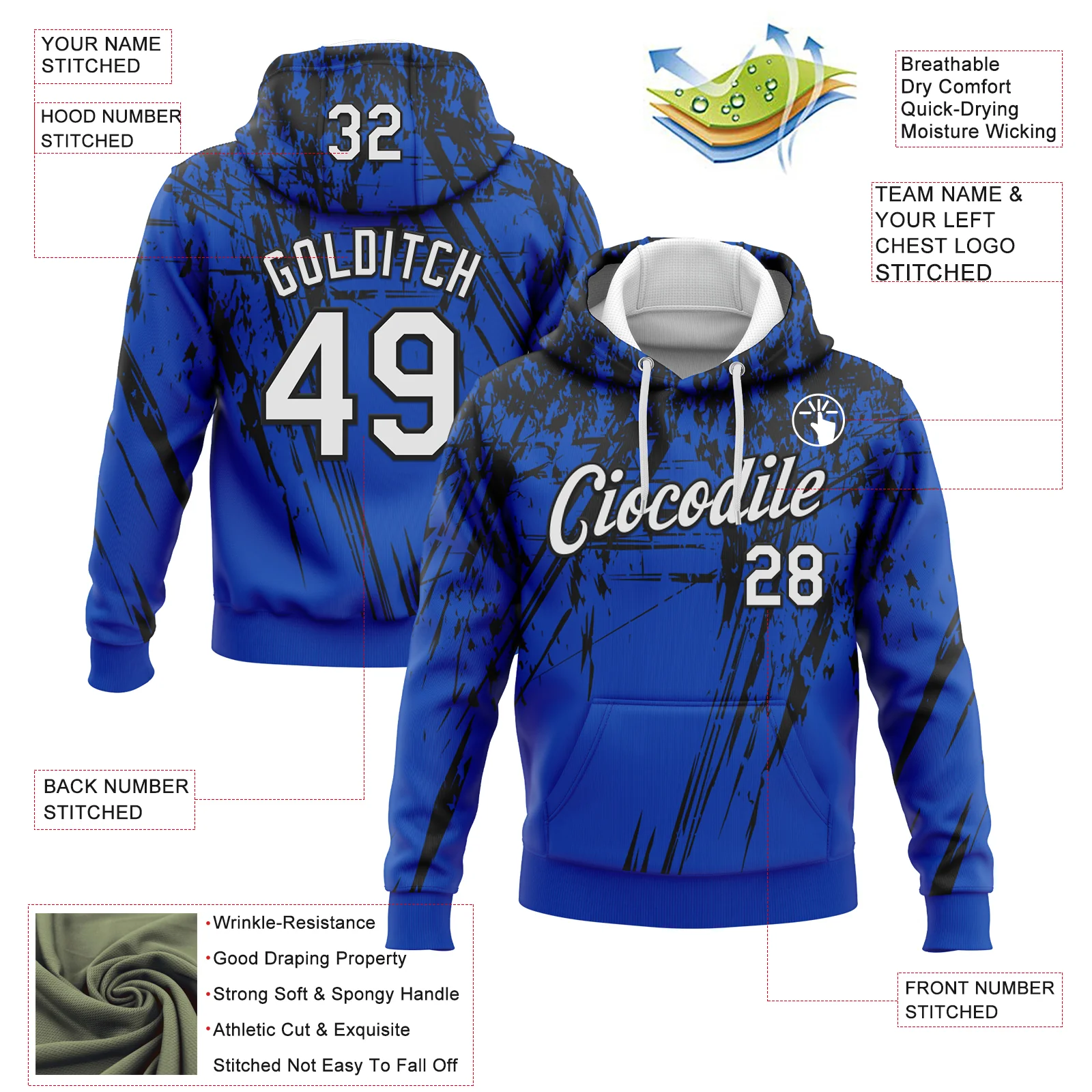 Custom Stitched Thunder Blue White-Black 3D Pattern Design Splash Grunge Art Sports Pullover Sweatshirt Hoodie - Image 2