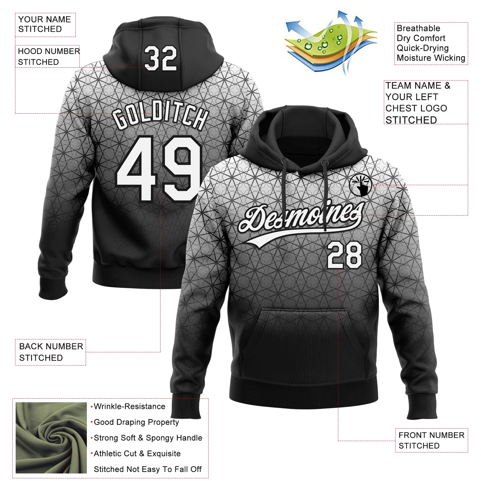 Custom Stitched Black White 3D Pattern Design Gradient Line Sportswear Pullover Sweatshirt Hoodie - Image 2