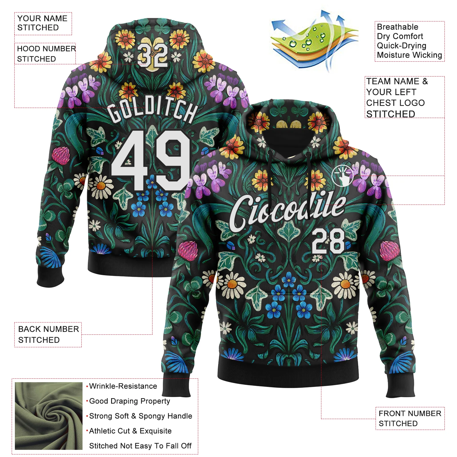 Custom Stitched Black White 3D Emi Bee Floriography Sports Pullover Sweatshirt Hoodie - Image 2