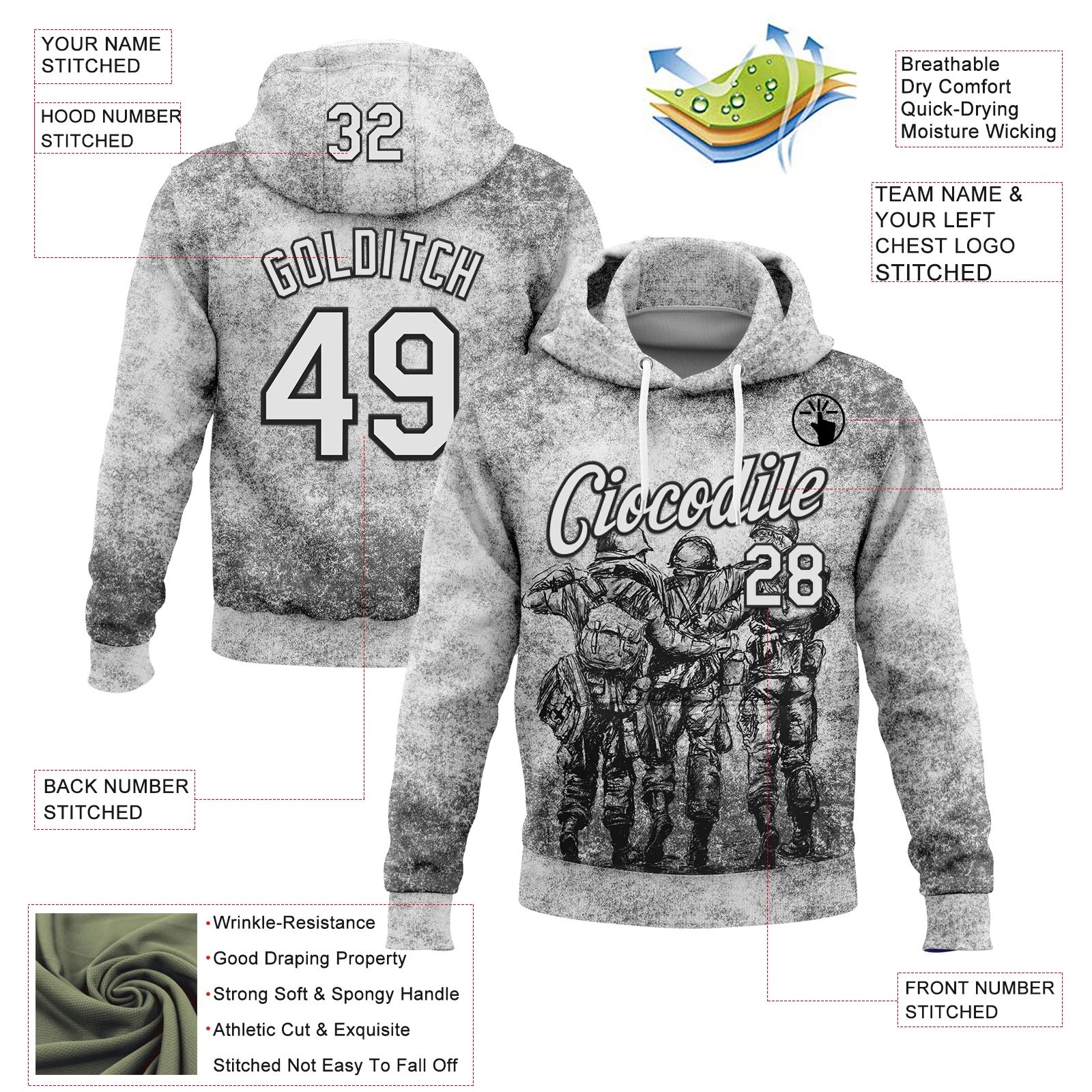 Custom Stitched Gray White-Black 3D Pattern Design Soldier Sports Pullover Sweatshirt Hoodie - Image 2