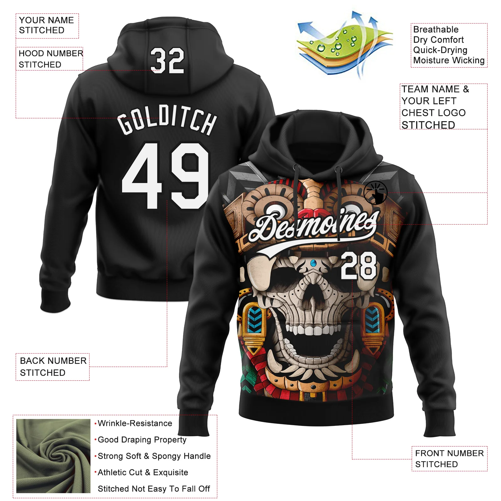 Custom Stitched Black White Skull Pattern Pullover Sweatshirt Hoodie - Image 4