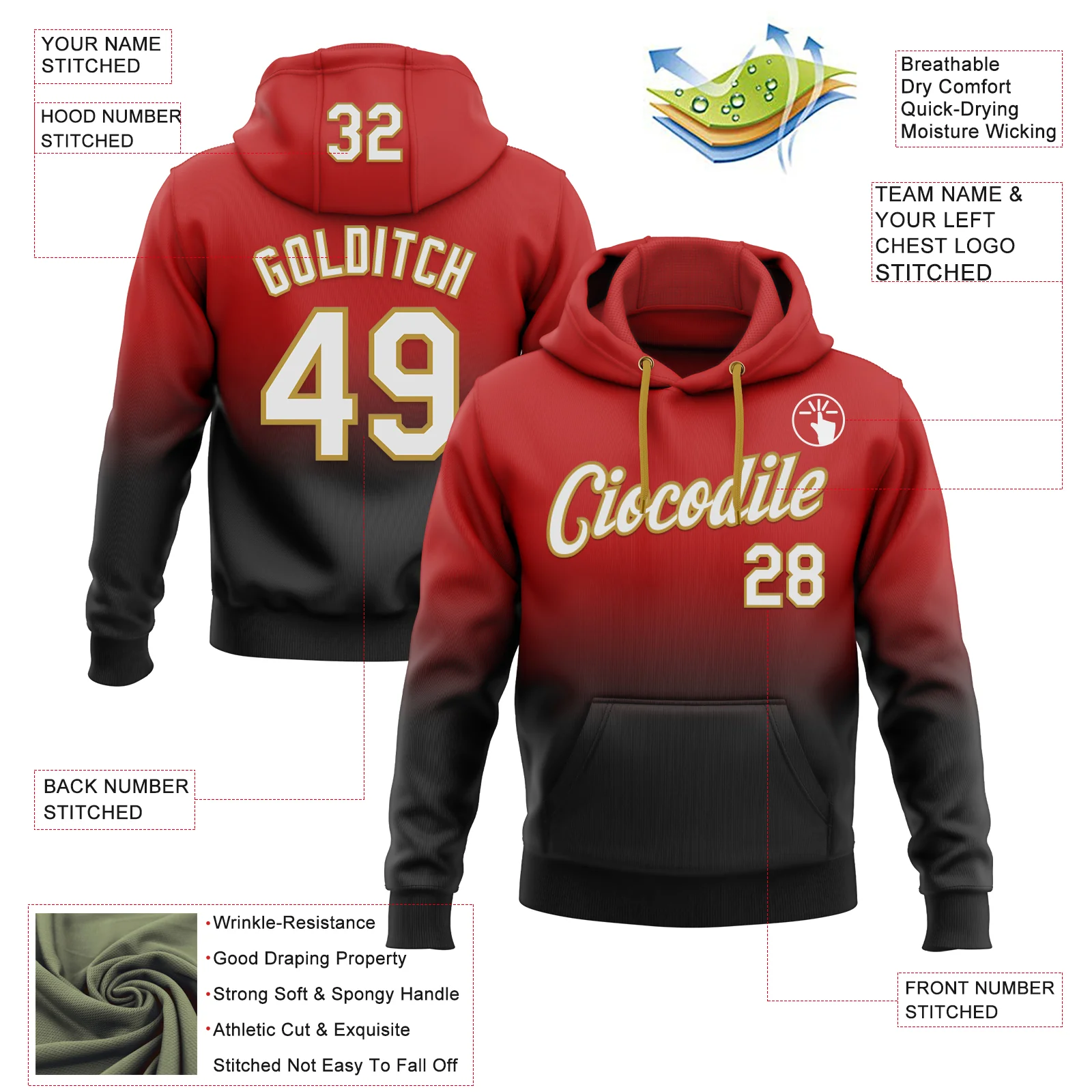 Custom Stitched Red White Black-Old Gold Fade Fashion Sports Pullover Sweatshirt Hoodie - Image 2