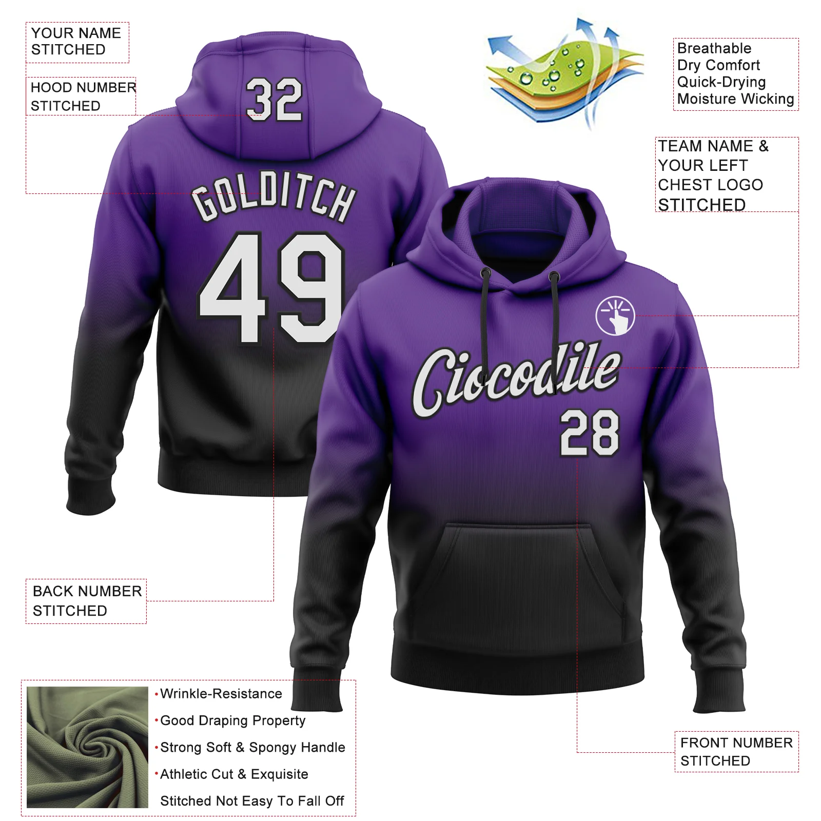 Custom Stitched Purple White-Black Fade Fashion Sports Pullover Sweatshirt Hoodie - Image 2