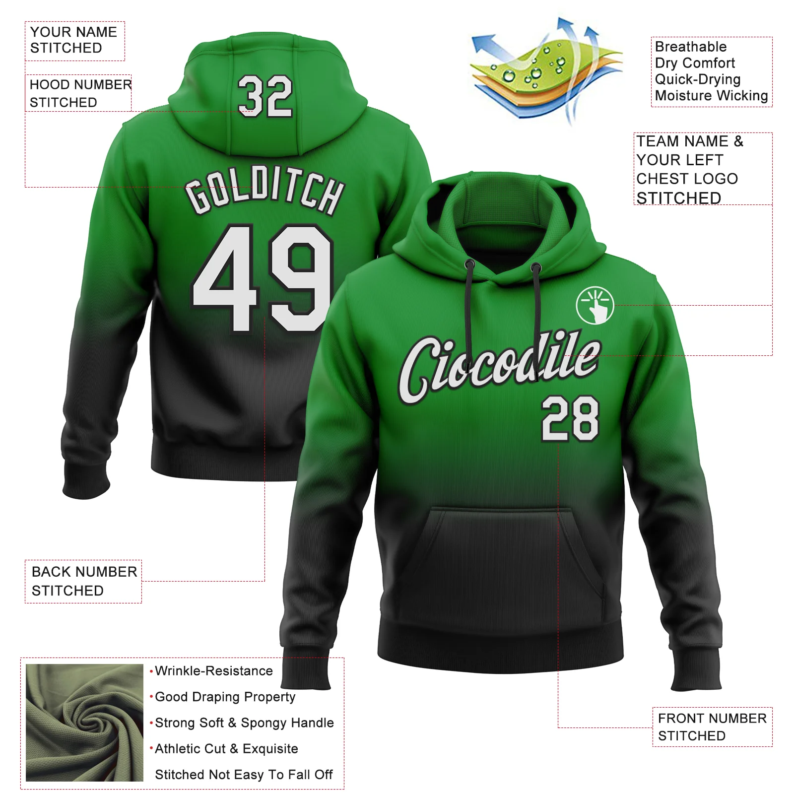 Custom Stitched Grass Green White-Black Fade Fashion Sports Pullover Sweatshirt Hoodie - Image 2