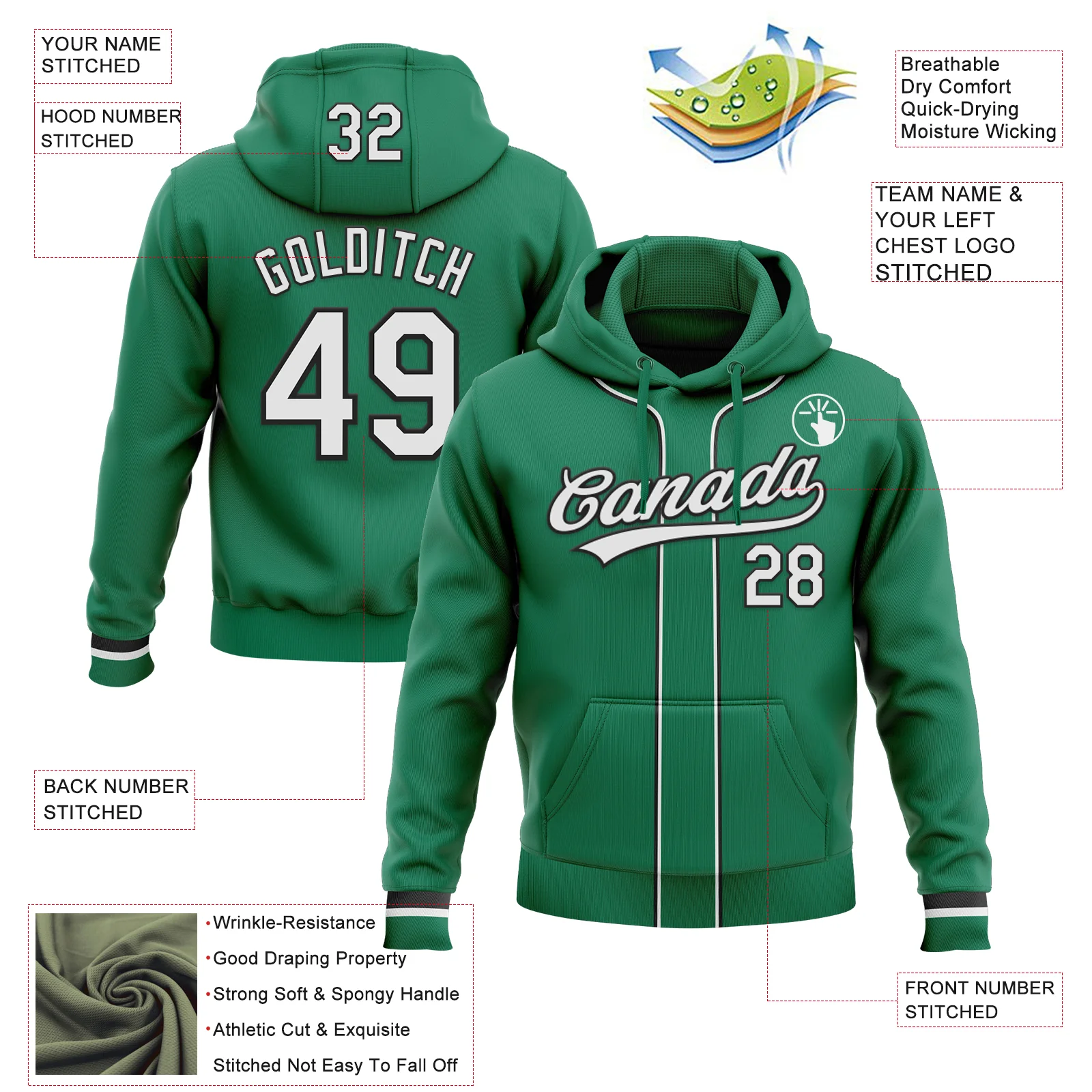 Custom Stitched Kelly Green White-Black Baseball Pullover Sweatshirt Hoodie - Image 2
