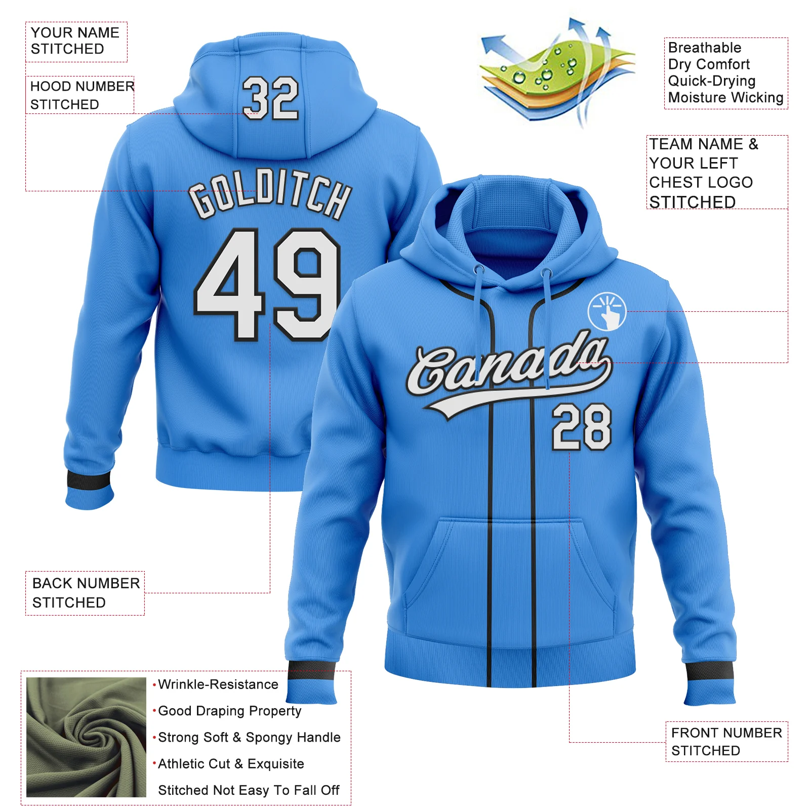 Custom Stitched Powder Blue White-Black Baseball Pullover Sweatshirt Hoodie - Image 2