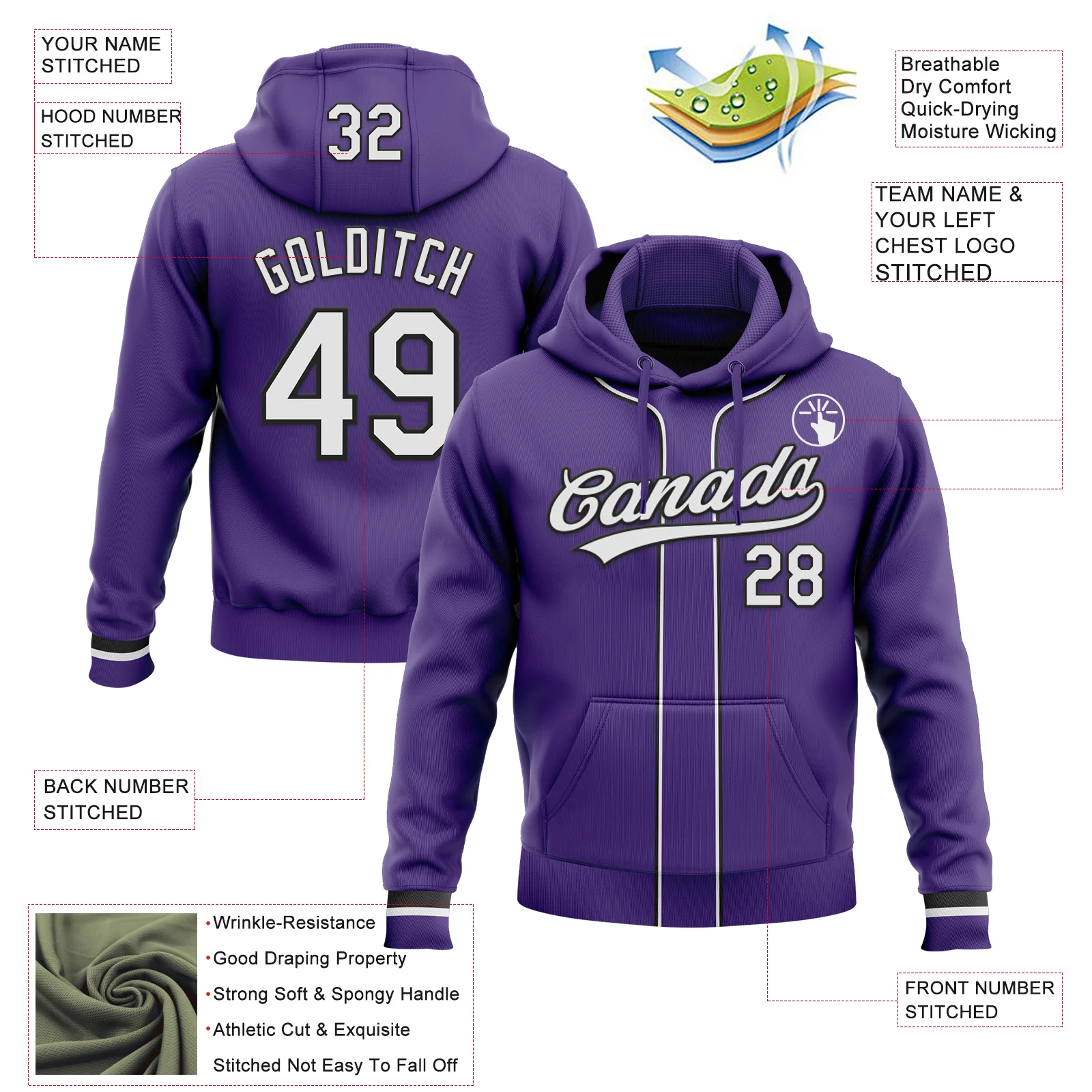 Custom Stitched Purple White-Black Baseball Pullover Sweatshirt Hoodie - Image 2