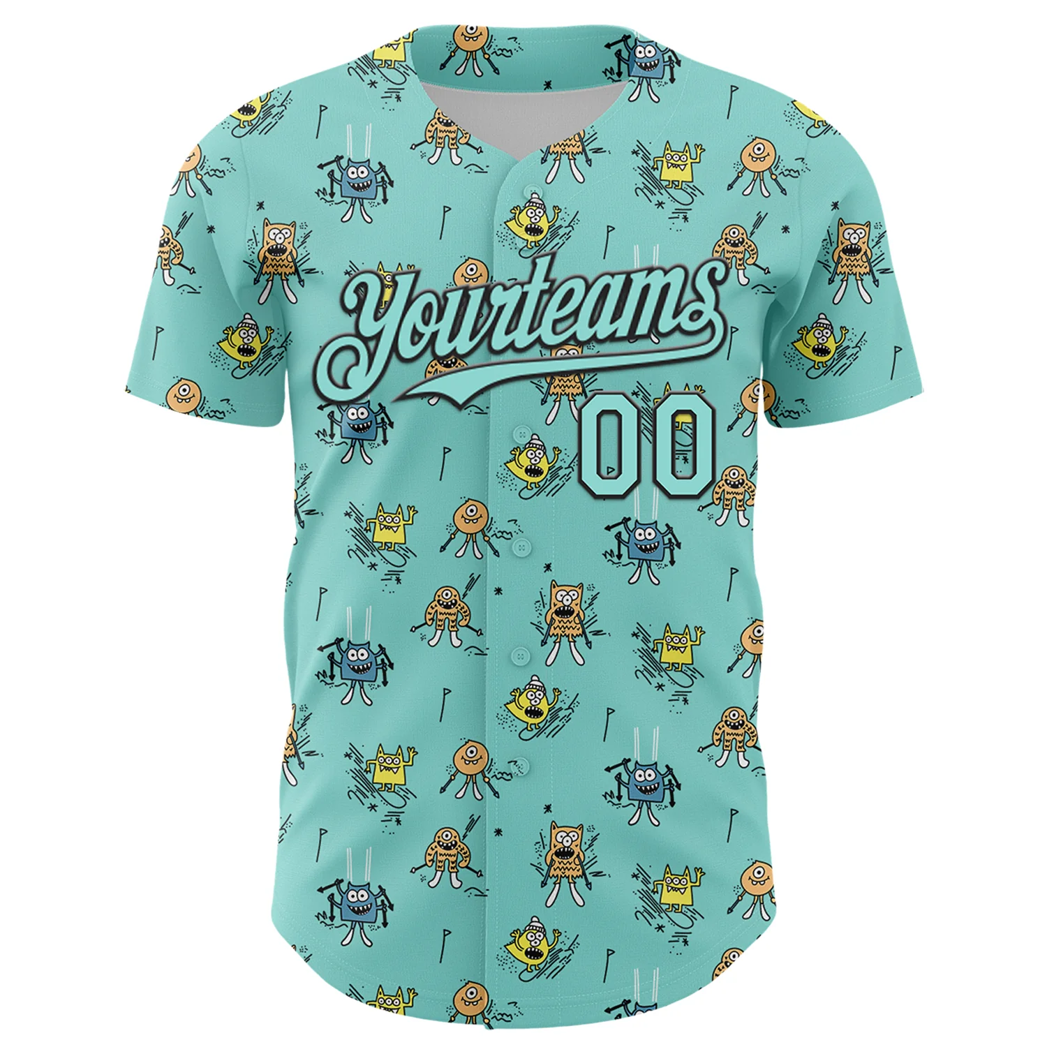 Custom Ice Blue Black 3D Pattern Design Funny Cartoon Monster Authentic Baseball Jersey - Image 2