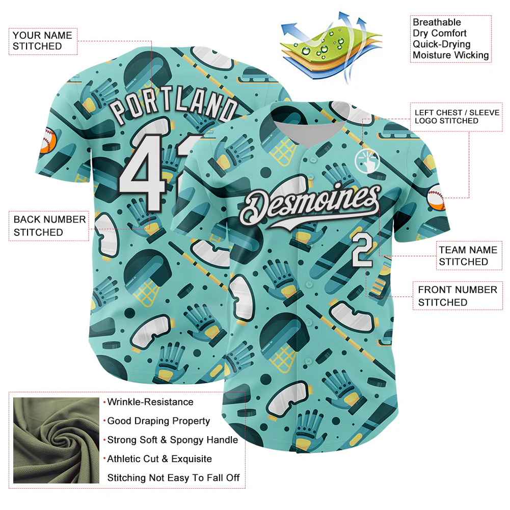 Custom Ice Blue White-Black Comic Doodle Ballgame 3D Pattern Design Authentic Baseball Jersey - Image 3