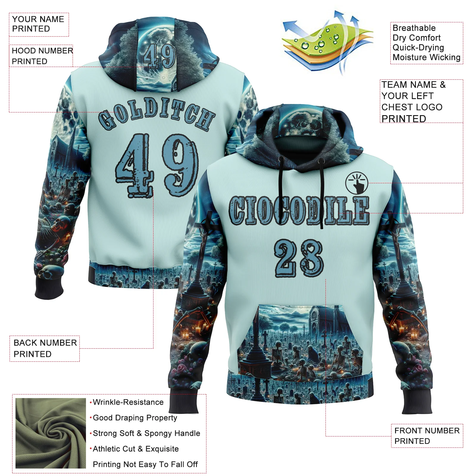 Custom Ice Blue Shadow Blue-Black 3D Skull Cemetery Sports Pullover Sweatshirt Hoodie - Image 2