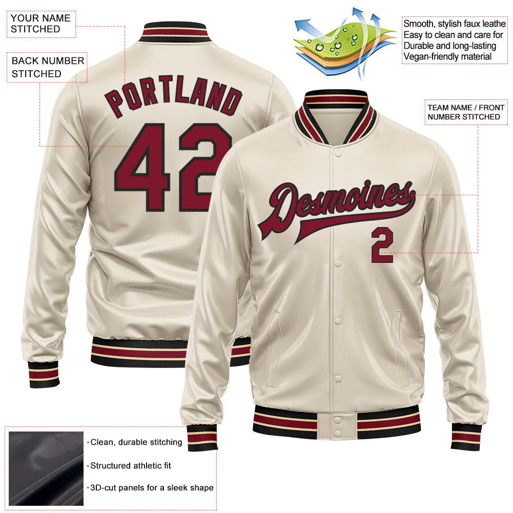 Custom Cream Crimson-Black Bomber Full-Snap Varsity Faux Leather Letterman Jacket - Image 2