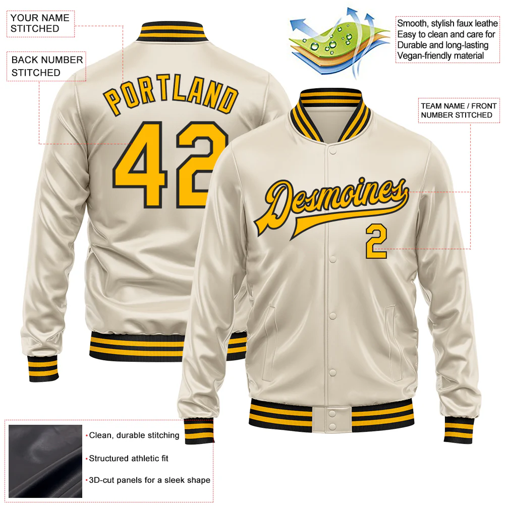 Custom Cream Gold-Black Bomber Full-Snap Varsity Faux Leather Letterman Jacket - Image 2