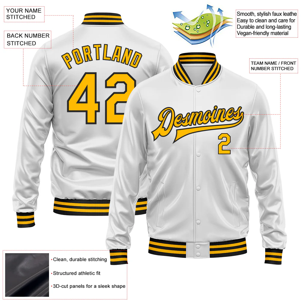 Custom White Gold-Black Bomber Full-Snap Varsity Faux Leather Letterman Jacket - Image 2