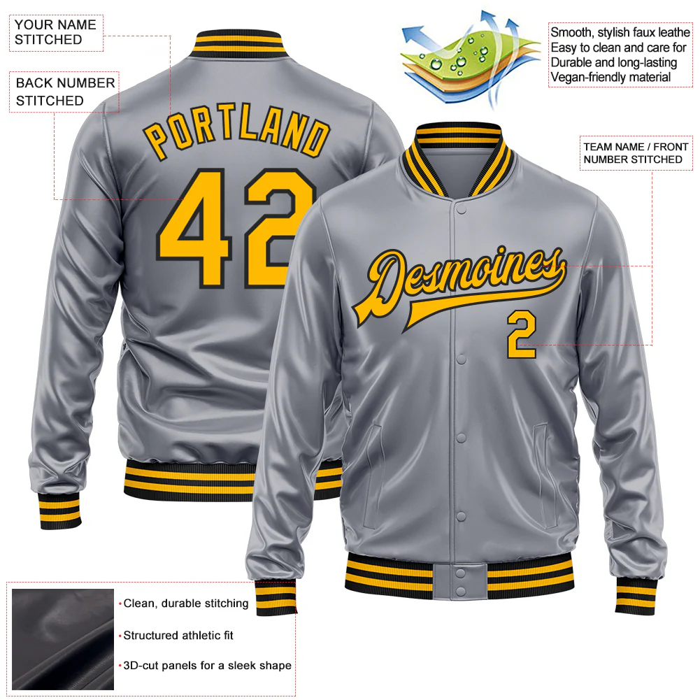 Custom Gray Gold-Black Bomber Full-Snap Varsity Faux Leather Letterman Jacket - Image 2