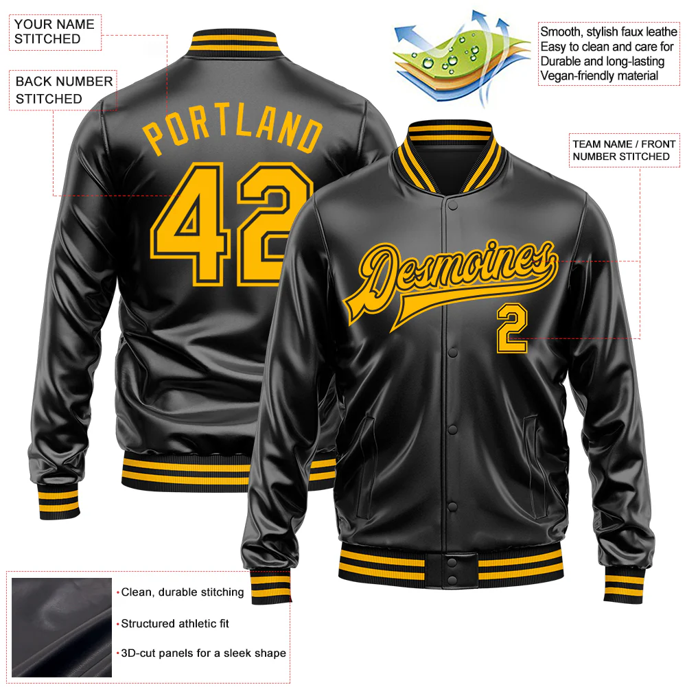 Custom Black Gold-Black Bomber Full-Snap Varsity Faux Leather Letterman Jacket - Image 2