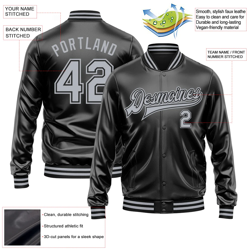 Custom Black Gray-Black Bomber Full-Snap Varsity Faux Leather Letterman Jacket - Image 2