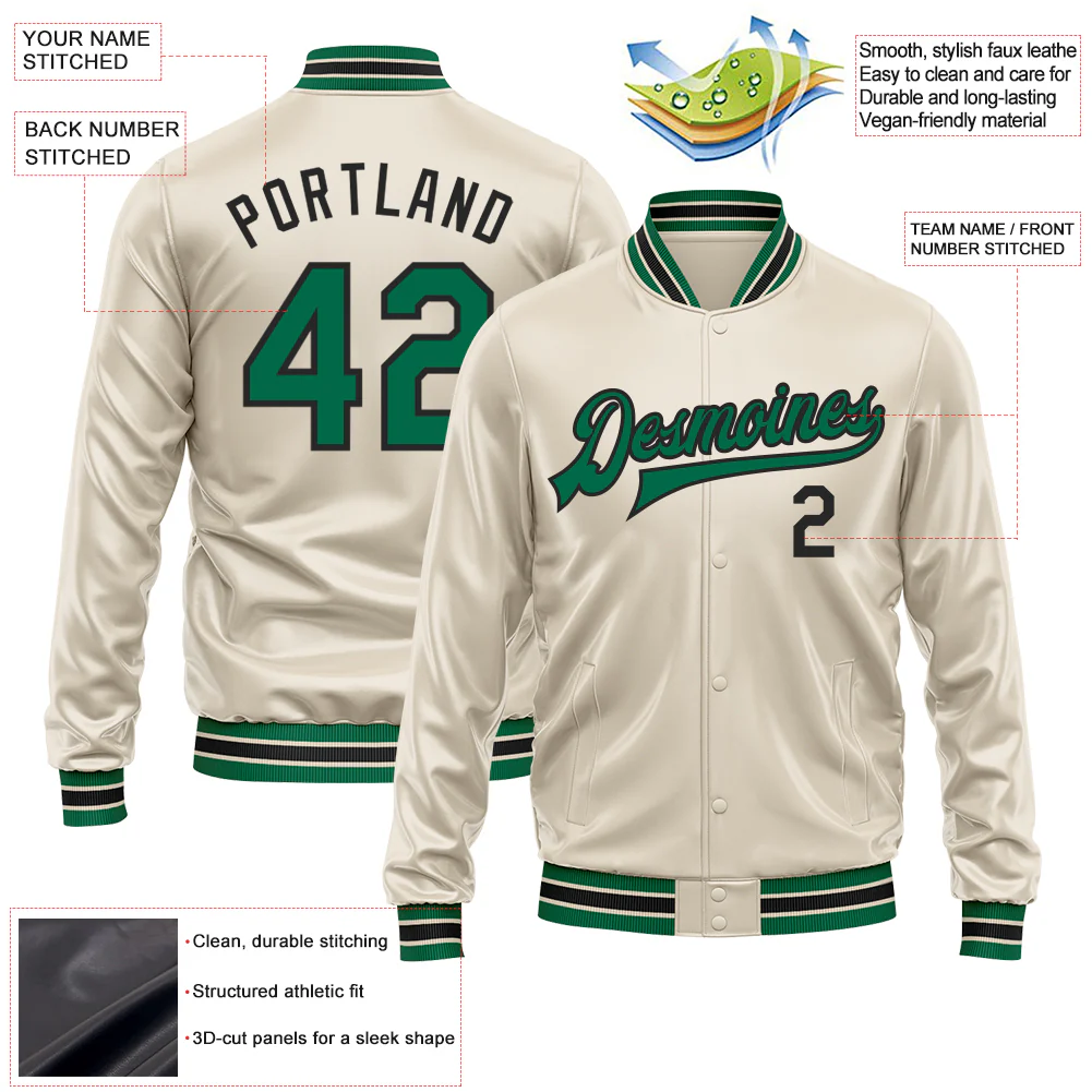 Custom Cream Kelly Green-Black Bomber Full-Snap Varsity Faux Leather Letterman Jacket - Image 2