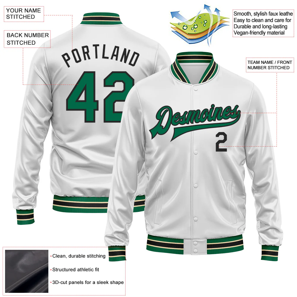 Custom White Kelly Green-Black Bomber Full-Snap Varsity Faux Leather Letterman Jacket - Image 2