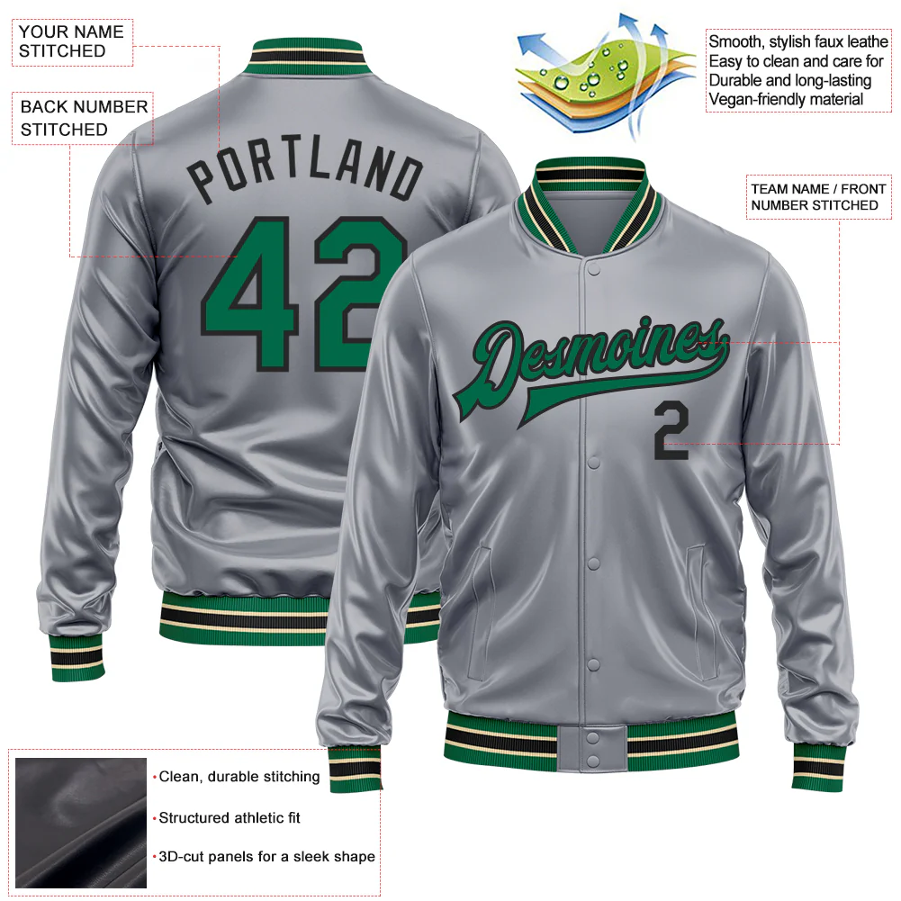 Custom Gray Kelly Green-Black Bomber Full-Snap Varsity Faux Leather Letterman Jacket - Image 2