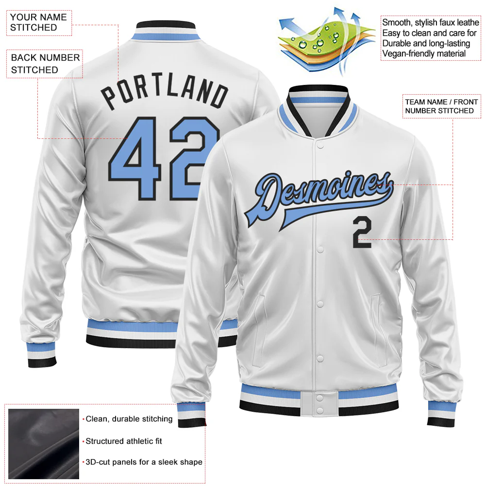 Custom White Light Blue-Black Bomber Full-Snap Varsity Faux Leather Letterman Jacket - Image 2