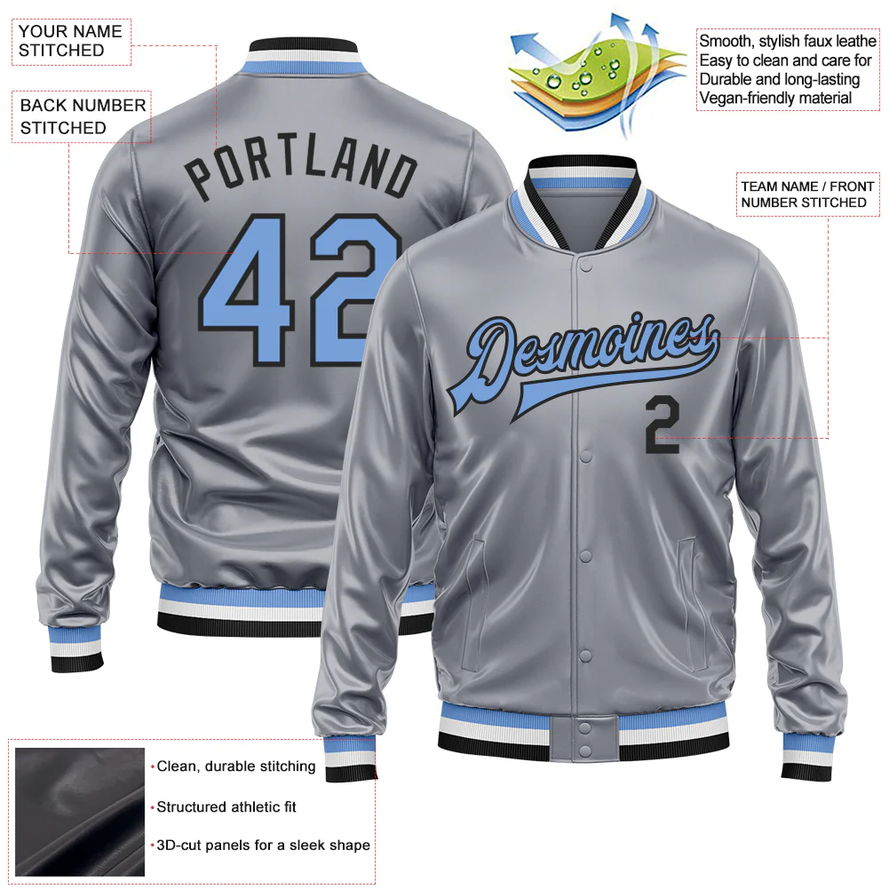 Custom Gray Light Blue-Black Bomber Full-Snap Varsity Faux Leather Letterman Jacket - Image 2