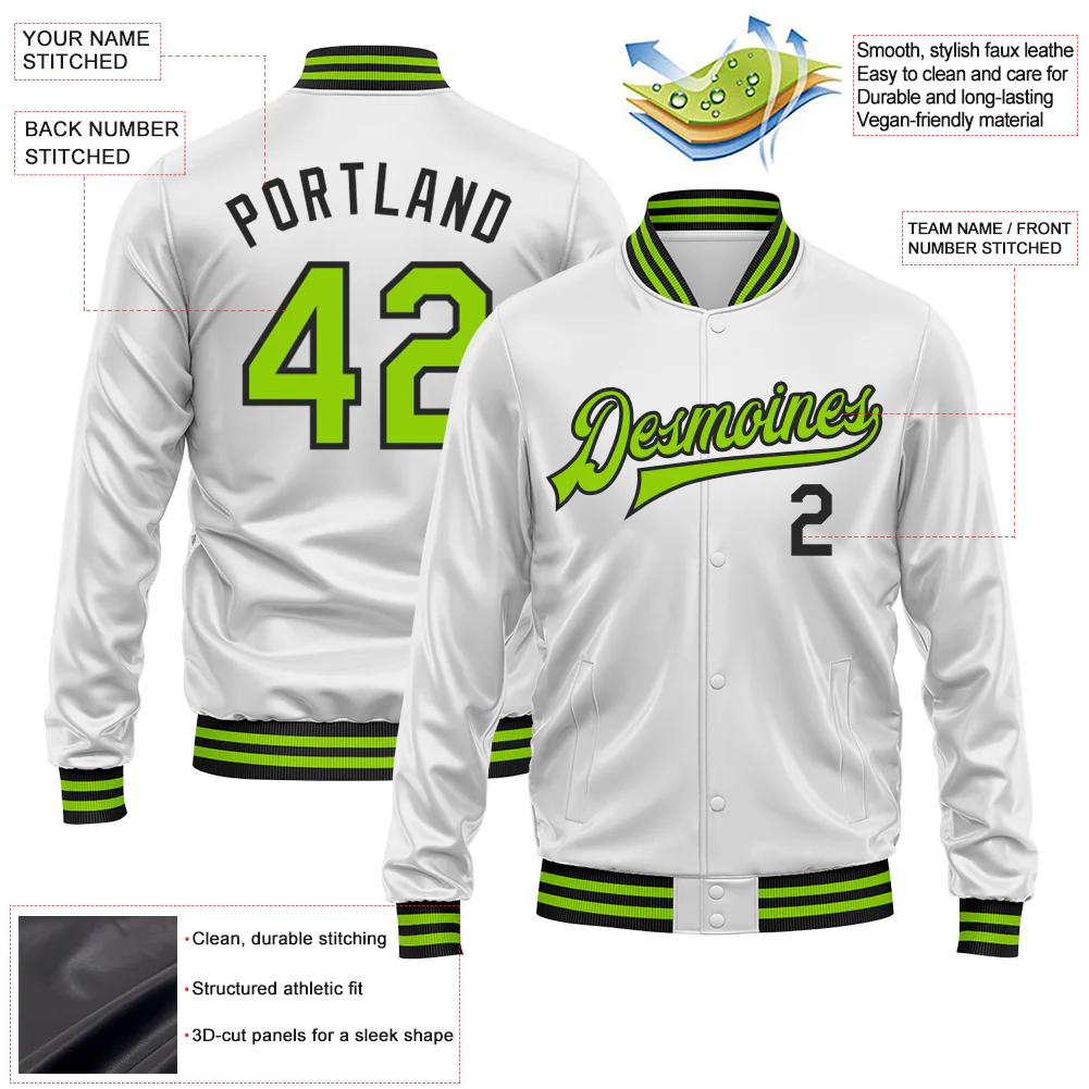 Custom White Neon Green-Black Bomber Full-Snap Varsity Faux Leather Letterman Jacket - Image 2