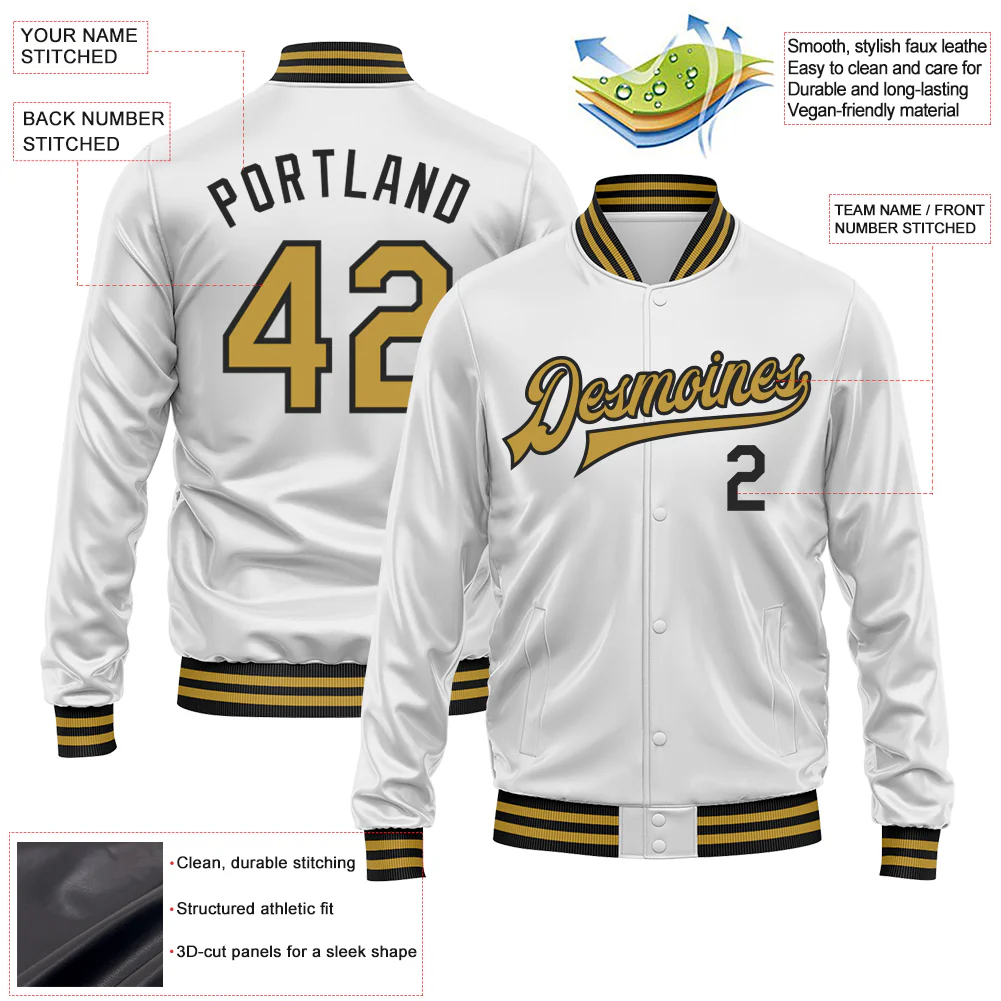 Custom White Old Gold-Black Bomber Full-Snap Varsity Faux Leather Letterman Jacket - Image 2