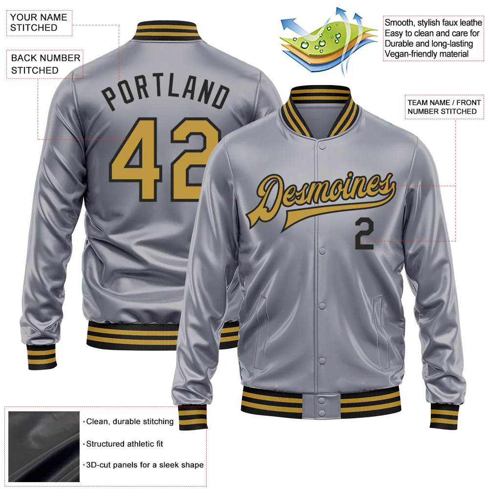 Custom Gray Old Gold-Black Bomber Full-Snap Varsity Faux Leather Letterman Jacket - Image 2