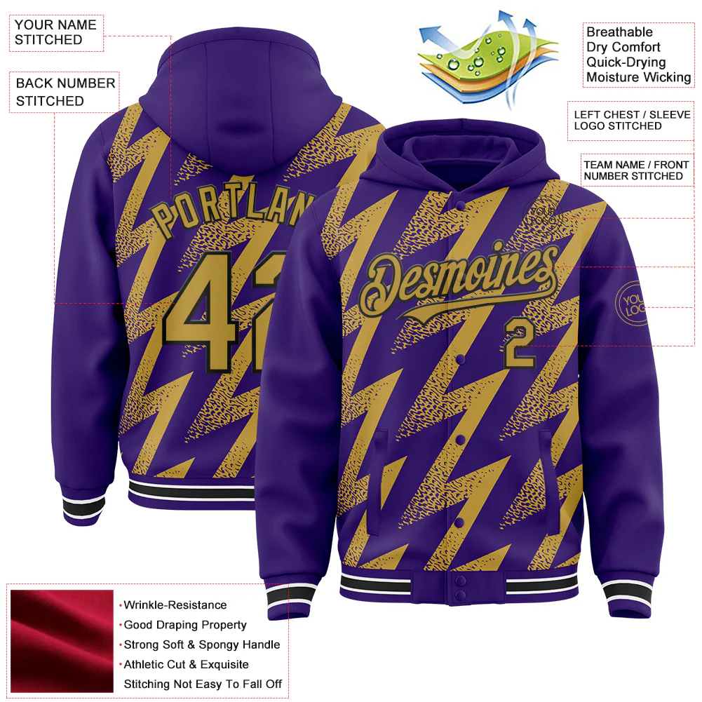Custom Purple Old Gold Black-White Zigzag Shape 3D Pattern Design Bomber Full-Snap Varsity Letterman Hoodie Jacket - Image 4