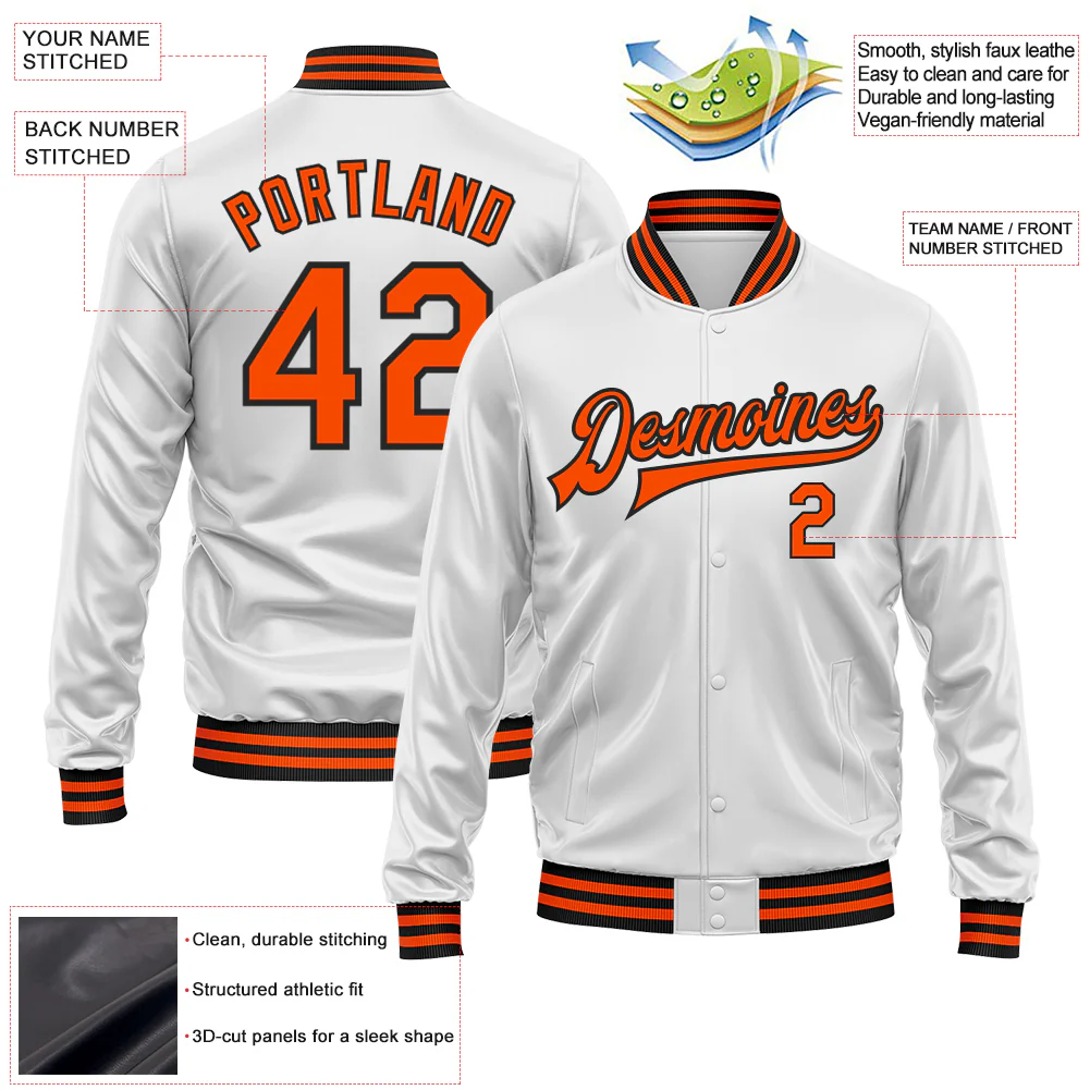 Custom White Orange-Black Bomber Full-Snap Varsity Faux Leather Letterman Jacket - Image 2