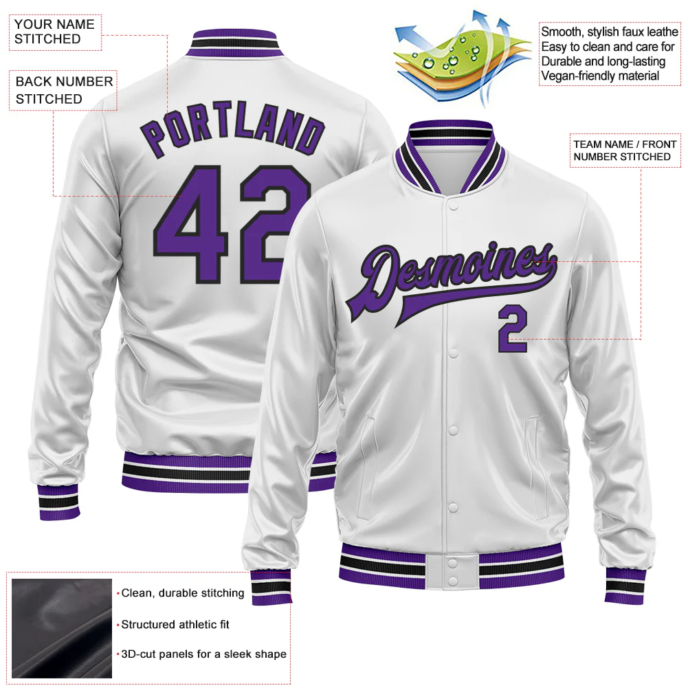 Custom White Purple-Black Bomber Full-Snap Varsity Faux Leather Letterman Jacket - Image 2