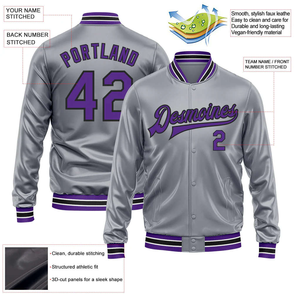Custom Gray Purple-Black Bomber Full-Snap Varsity Faux Leather Letterman Jacket - Image 2