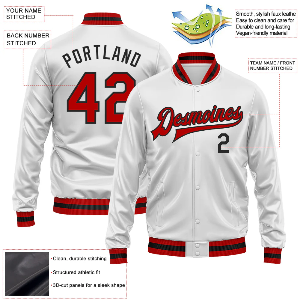 Custom White Red-Black Bomber Full-Snap Varsity Faux Leather Letterman Jacket - Image 2