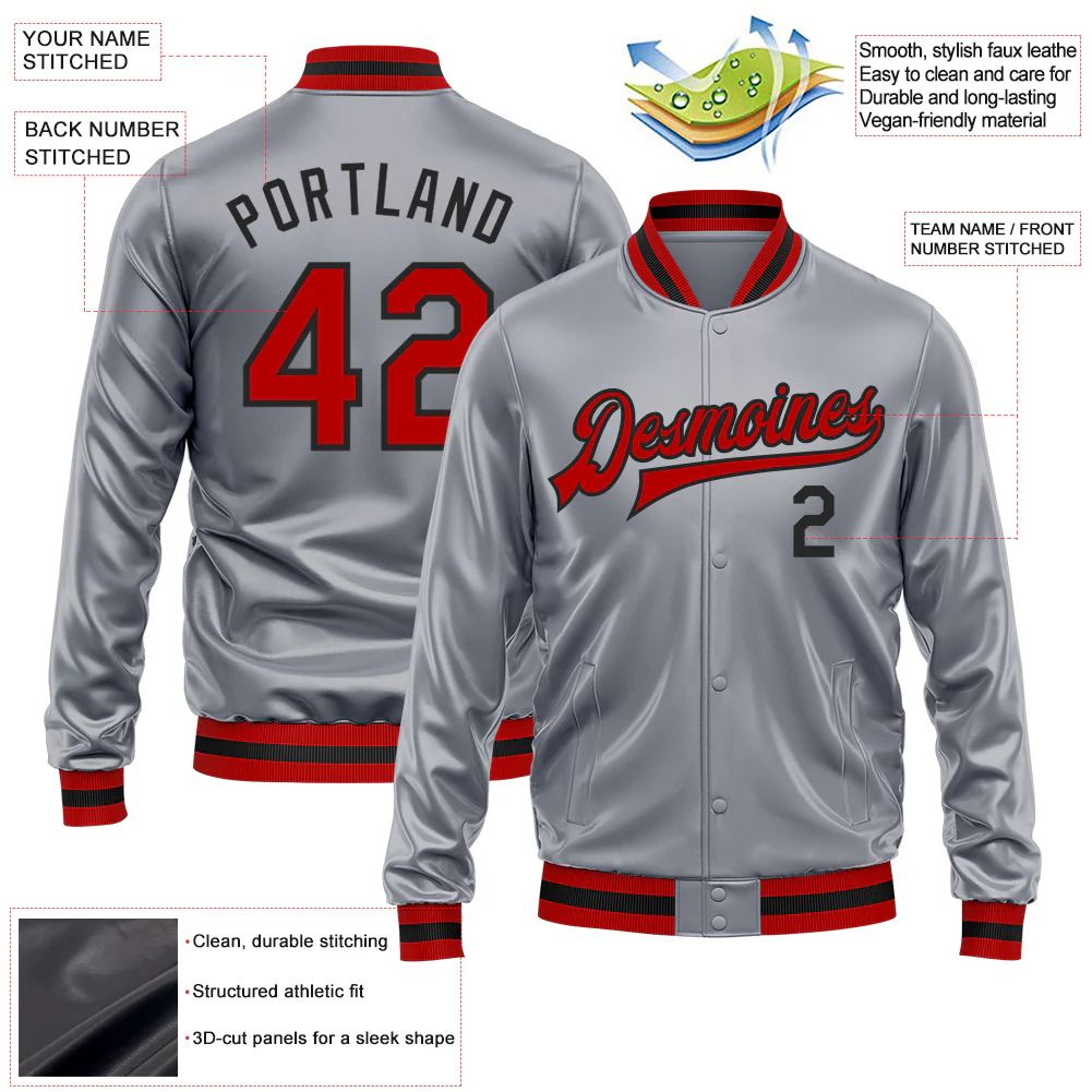 Custom Gray Red-Black Bomber Full-Snap Varsity Faux Leather Letterman Jacket - Image 2