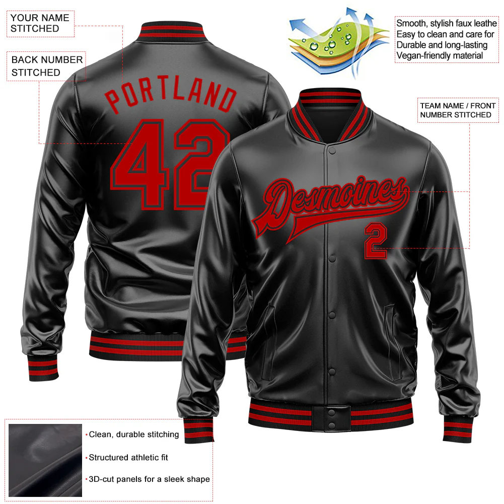 Custom Black Red-Black Bomber Full-Snap Varsity Faux Leather Letterman Jacket - Image 2