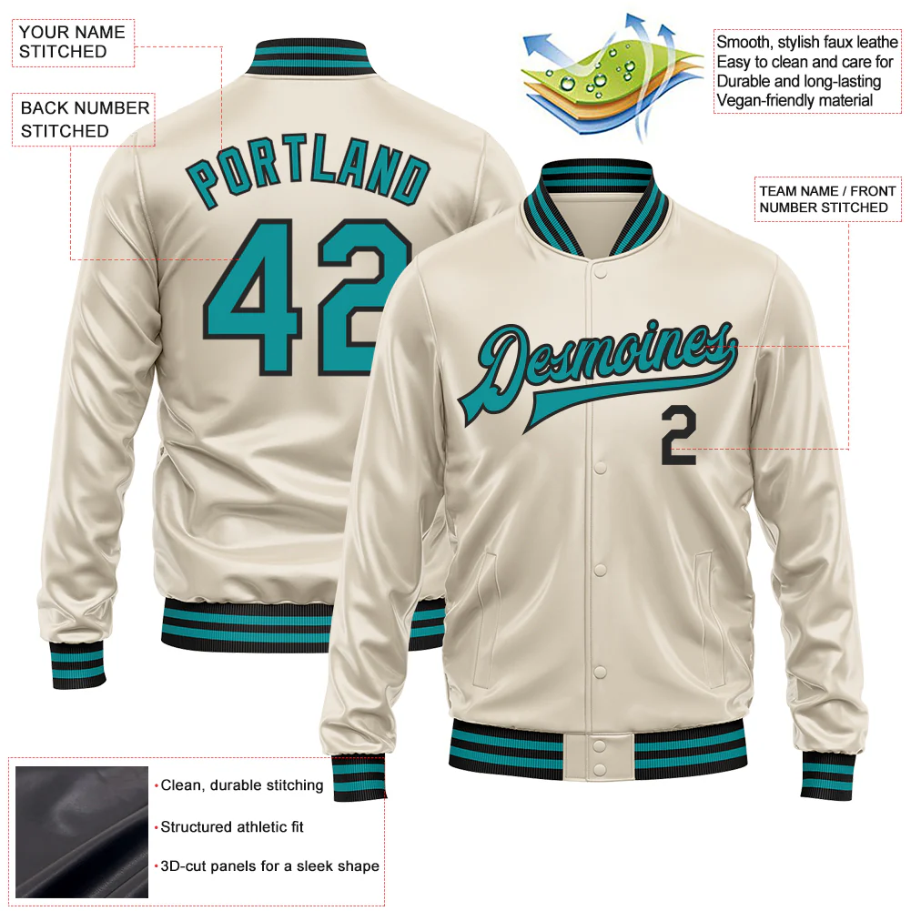 Custom Cream Teal-Black Bomber Full-Snap Varsity Faux Leather Letterman Jacket - Image 2