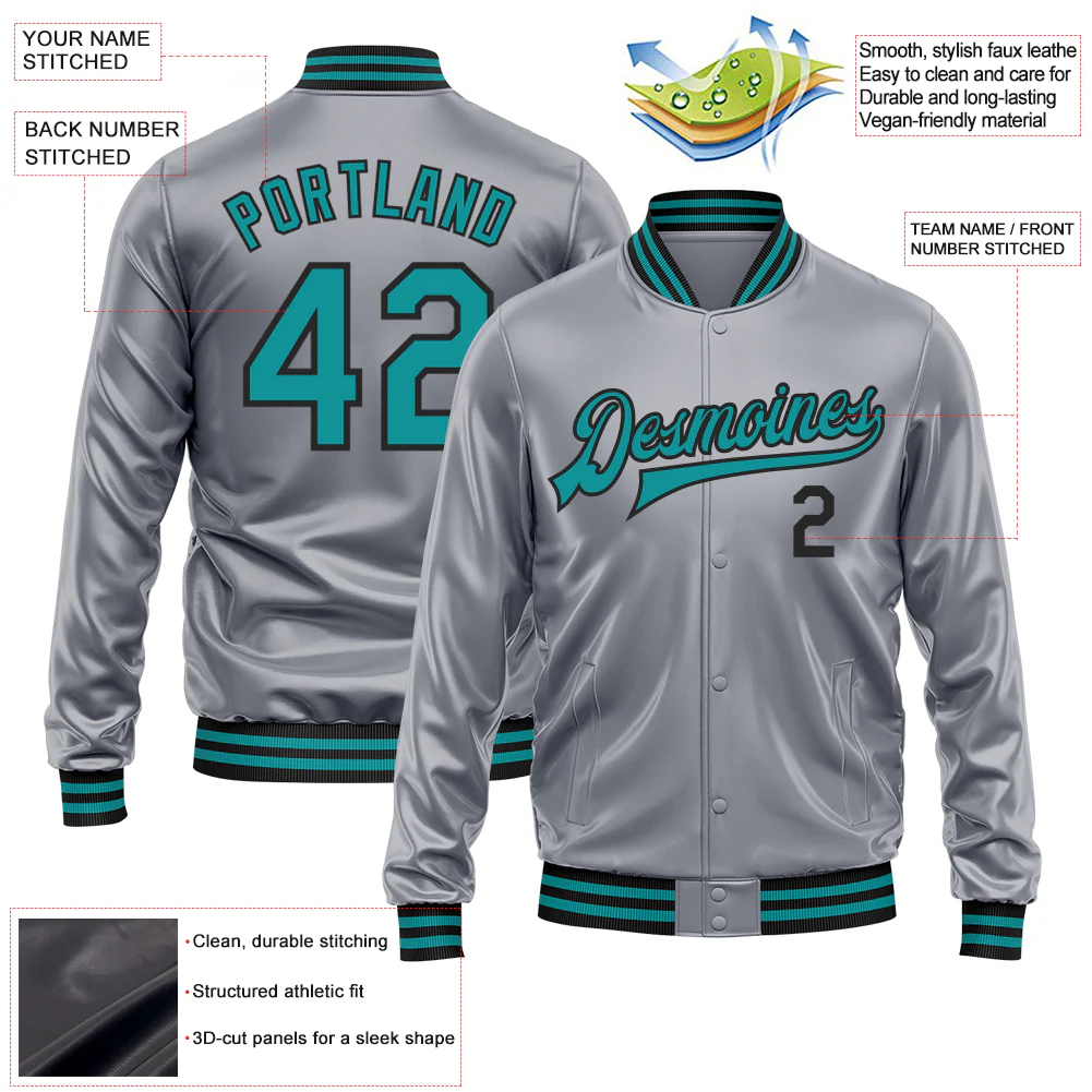Custom Gray Teal-Black Bomber Full-Snap Varsity Faux Leather Letterman Jacket - Image 2