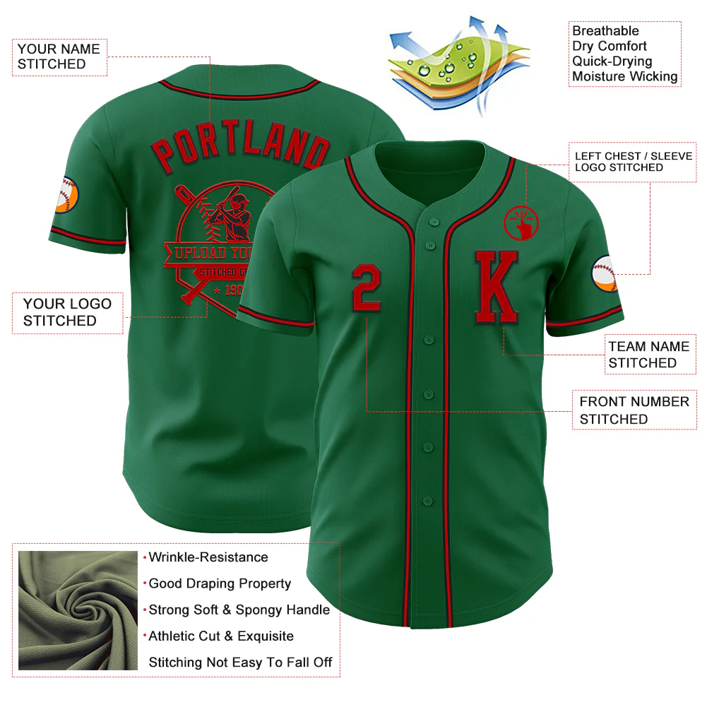 Custom Kelly Green Red-Black Authentic Baseball Jersey - Image 6