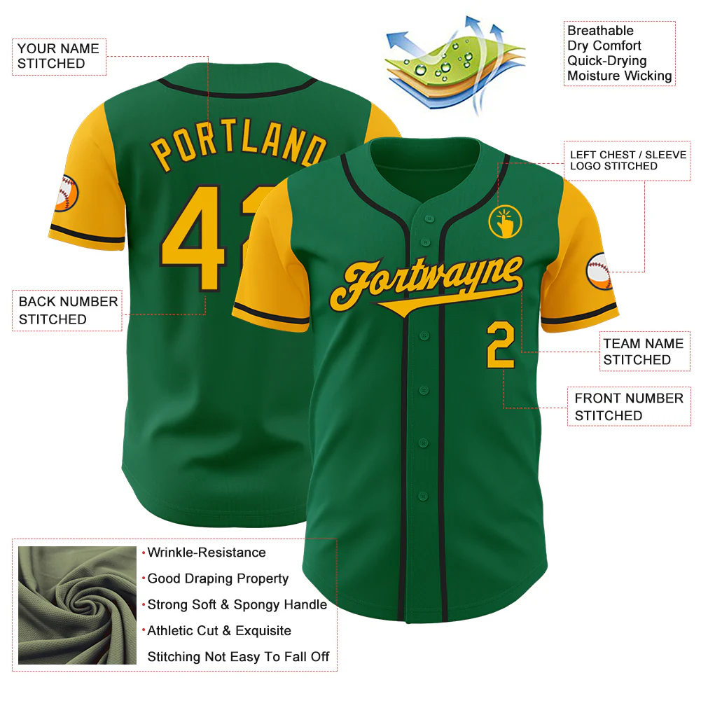 Custom Kelly Green Gold-Black Authentic Two Tone Baseball Jersey - Image 3