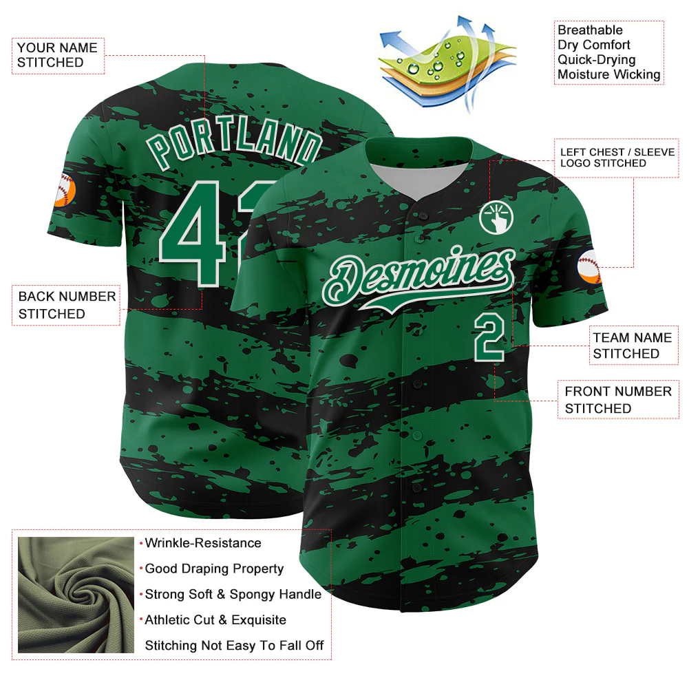 Custom Kelly Green Black-White Paint Splash Stripe Authentic Baseball Jersey - Image 3