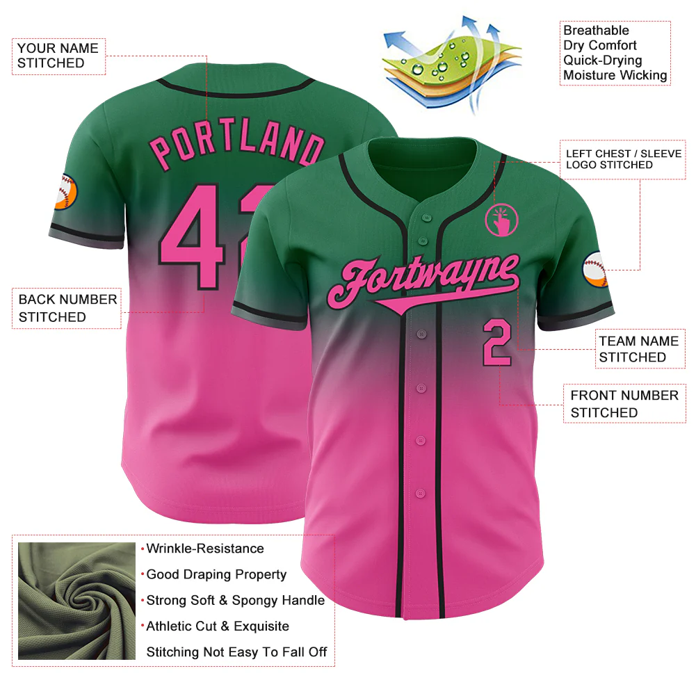 Custom Kelly Green Pink-Black Authentic Fade Fashion Baseball Jersey - Image 3
