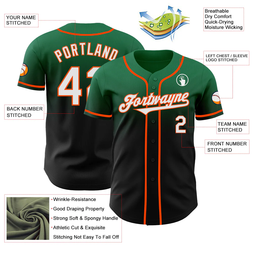 Custom Kelly Green Black-Orange Authentic Fade Fashion Baseball Jersey - Image 3