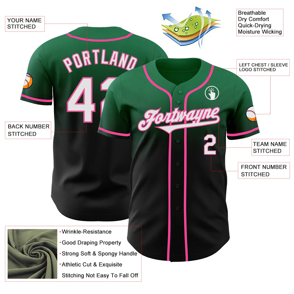 Custom Kelly Green Black-Pink Authentic Fade Fashion Baseball Jersey - Image 3