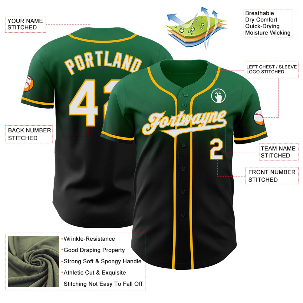 Custom Kelly Green Black-Gold Authentic Fade Fashion Baseball Jersey - Image 3