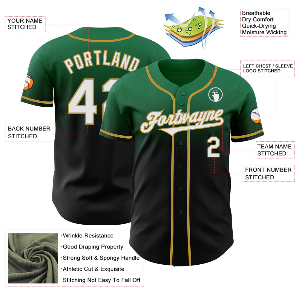Custom Kelly Green Black-Old Gold Authentic Fade Fashion Baseball Jersey - Image 3
